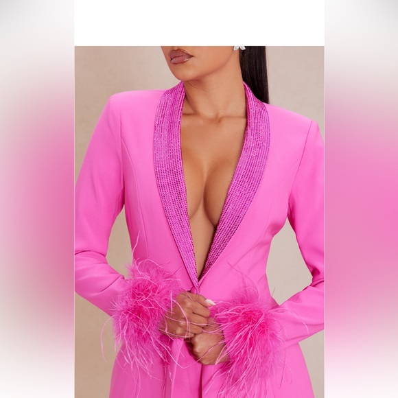 Clarissa Embellished Feather Blazer Suit Set - Hot Pink - Picture 4 of 5
